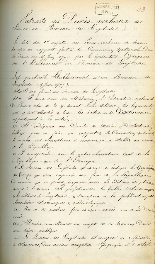 Procès-verbal de la création du Bureau des Longitudes - droits : Observatoire de Paris